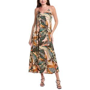 Nicole Miller Multicolor Leaf Print Midi Dress (Peach, Green, Tan, Black)